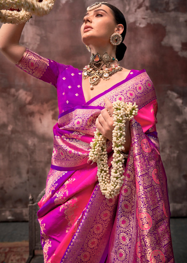 Pink & Purple Rangkaat Handloom Silk Saree