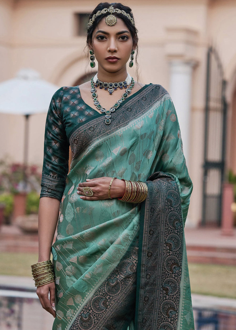 Alhambra Green Designer Satin Silk Saree