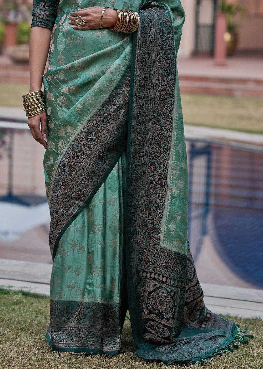 Alhambra Green Designer Satin Silk Saree