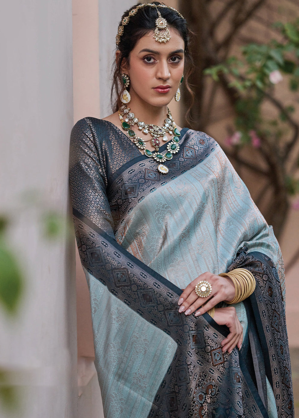 Blue & Grey Designer Satin Silk Saree