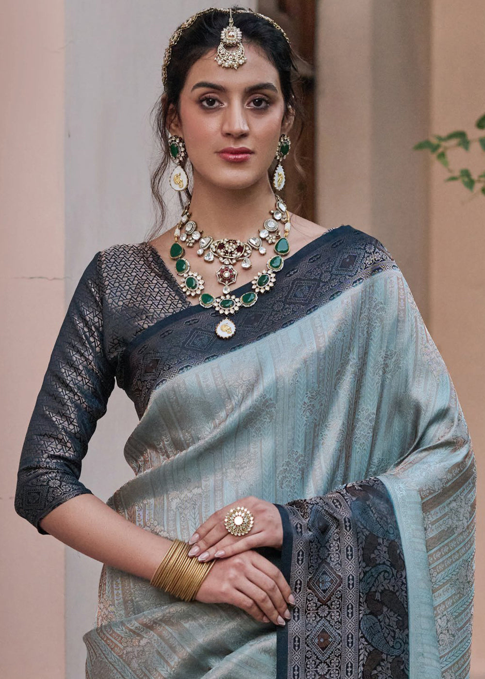 Blue & Grey Designer Satin Silk Saree