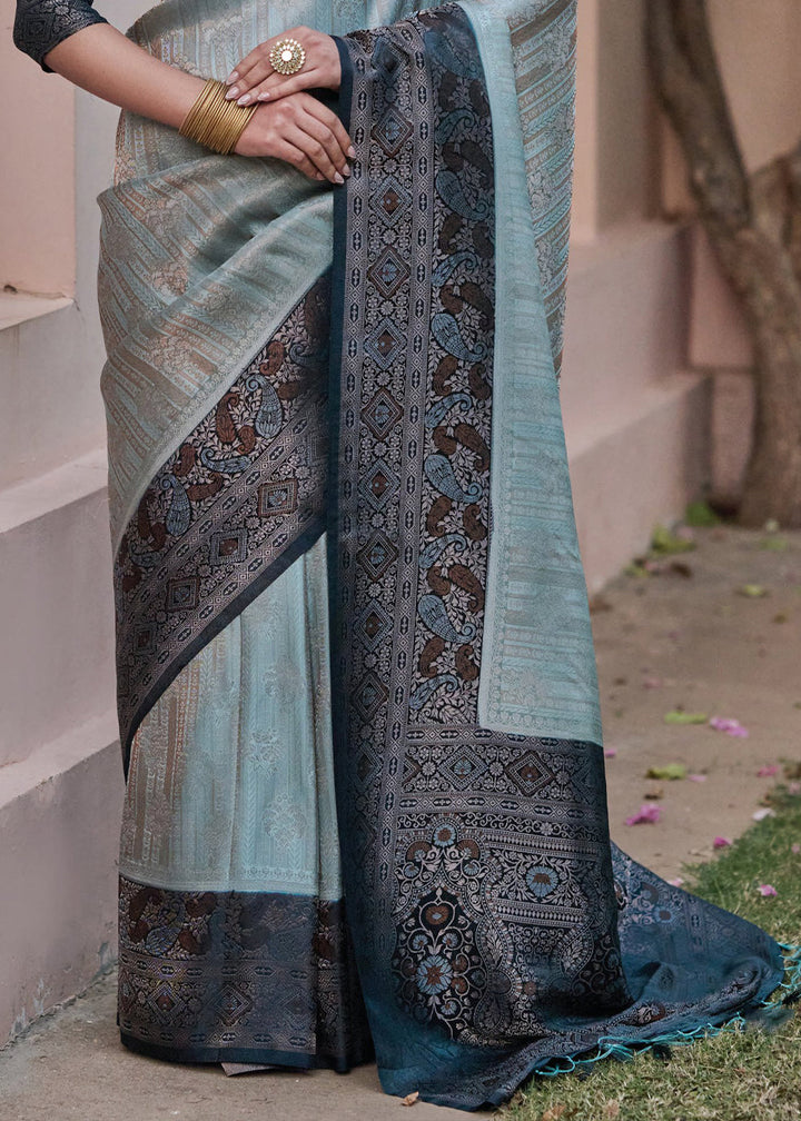 Blue & Grey Designer Satin Silk Saree