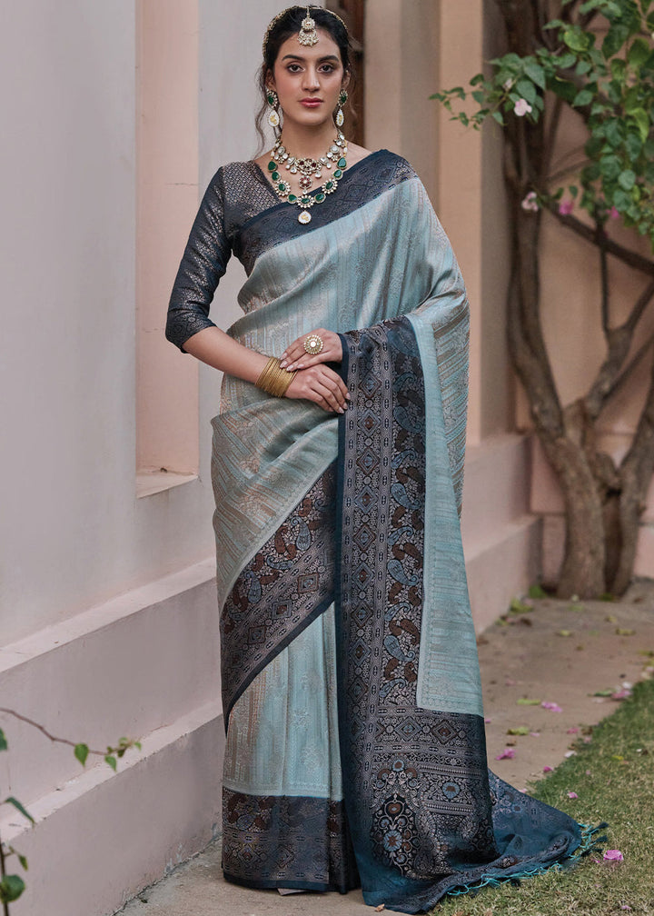 Blue & Grey Designer Satin Silk Saree