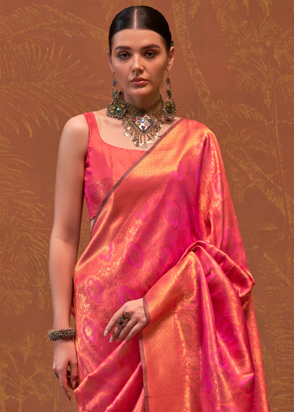 Pink & Golden Handloom Woven Designer Silk Saree