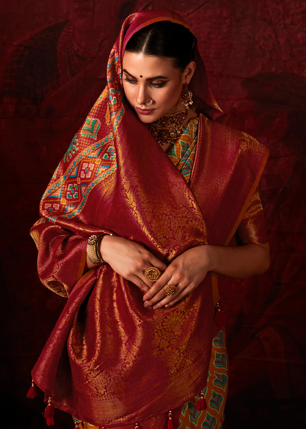 Maroon Red Patola Printed Silk Saree with Contrast Blouse