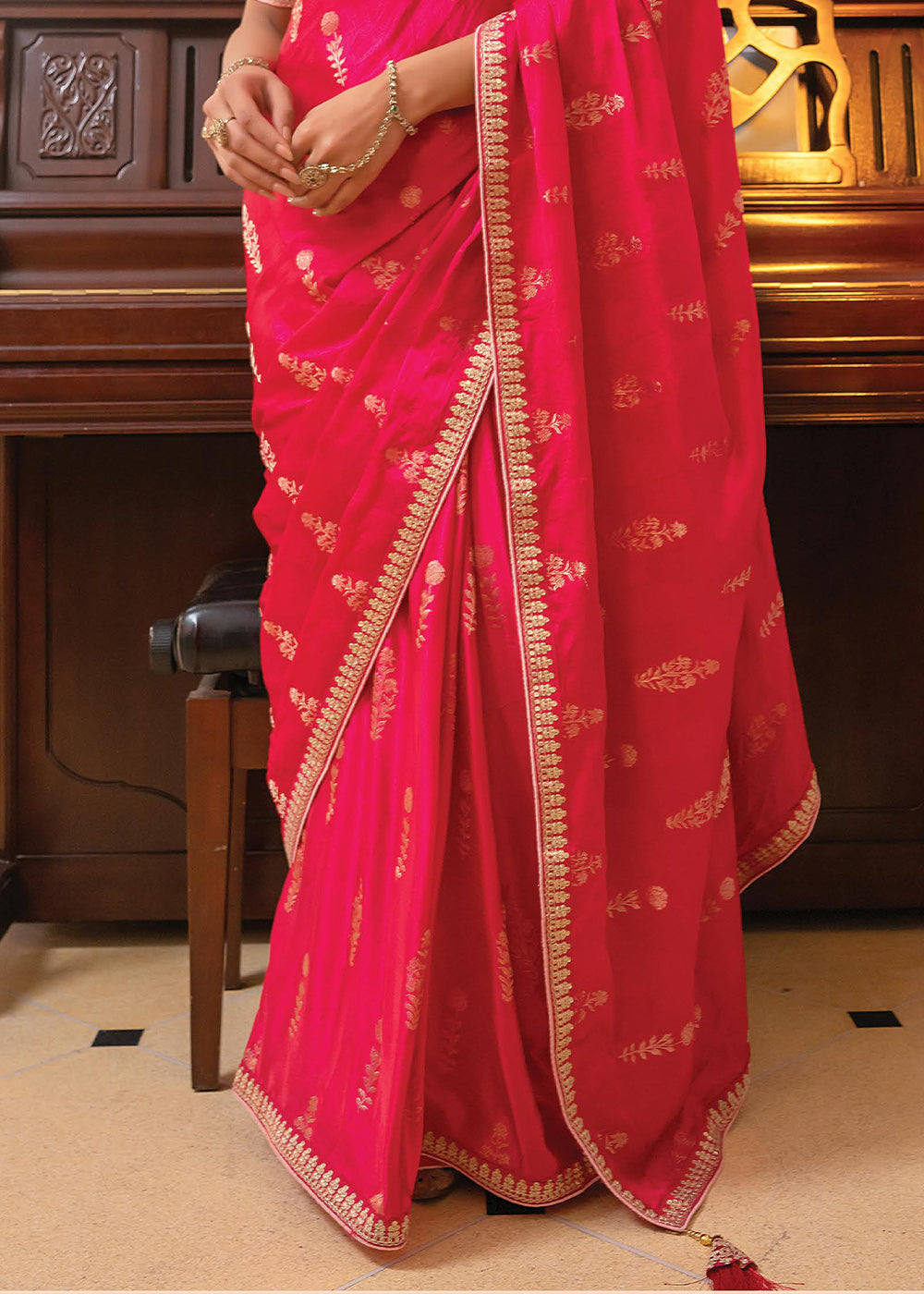 Neon Fuschia Pink Embroidered Viscose Satin Saree