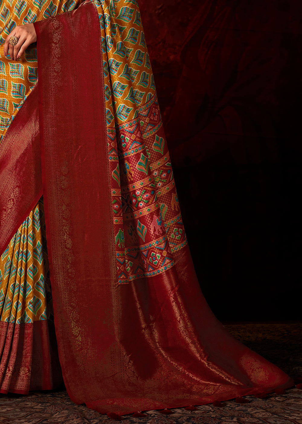 Maroon Red Patola Printed Silk Saree with Contrast Blouse