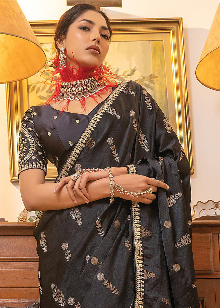 Onyx Black Embroidered Viscose Satin Saree