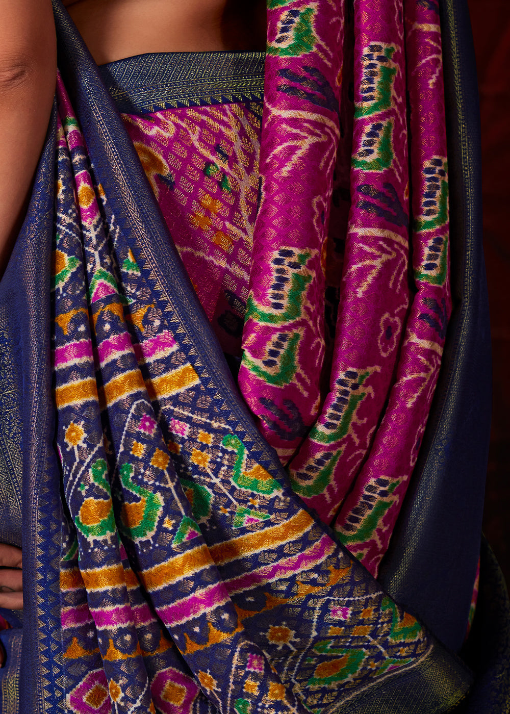 Pink & Purple Patola Printed Silk Saree with Contrast Blouse