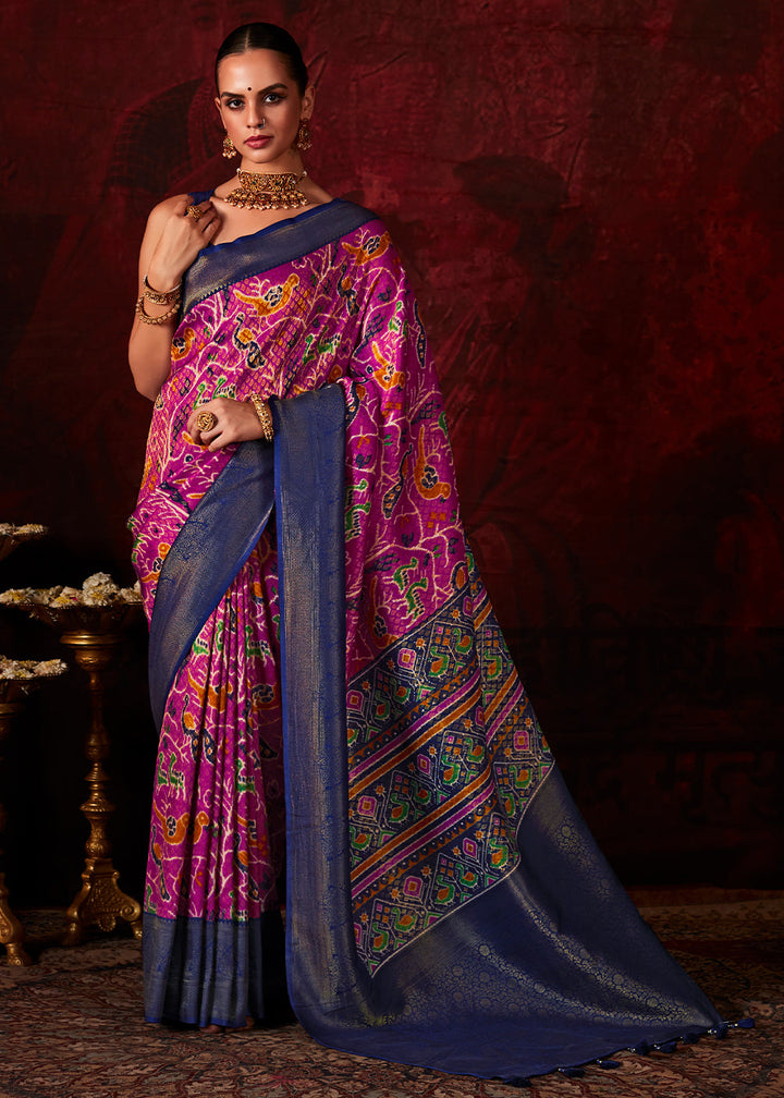 Pink & Purple Patola Printed Silk Saree with Contrast Blouse