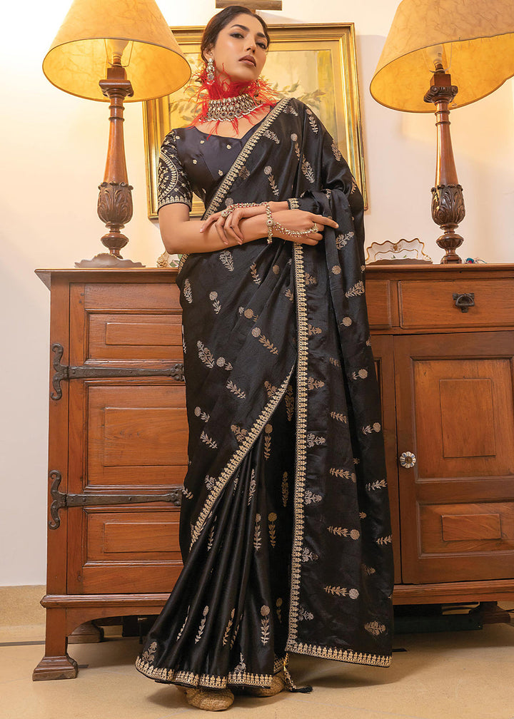 Onyx Black Embroidered Viscose Satin Saree