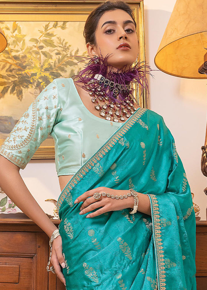 Cerulean Blue Embroidered Viscose Satin Saree