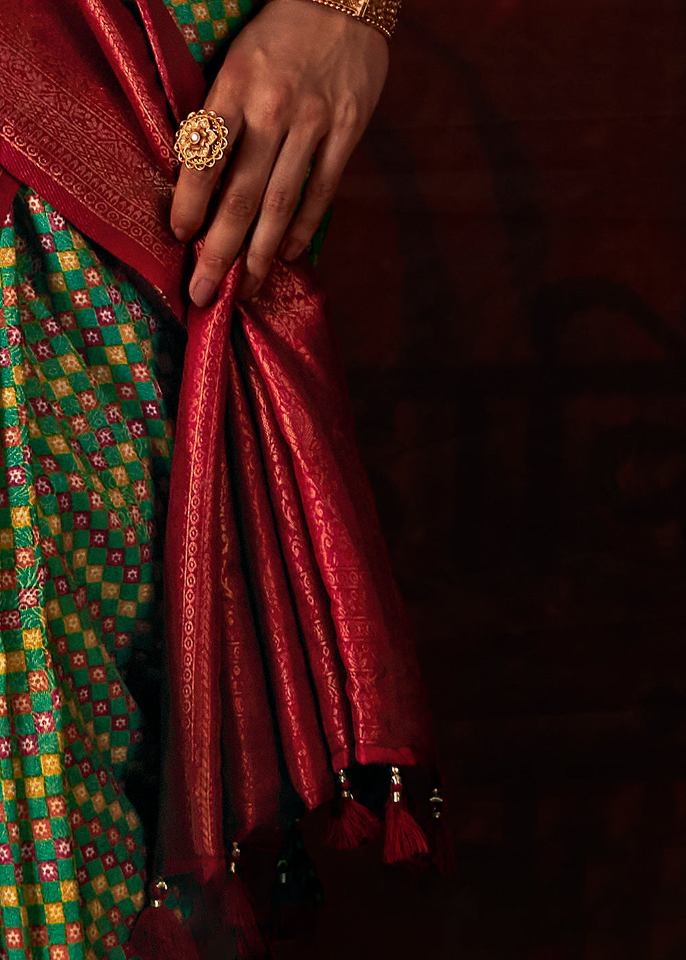 Red & Green Patola Printed Silk Saree with Contrast Blouse