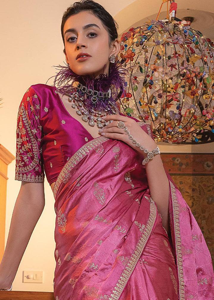 Shades Of Pink Embroidered Viscose Satin Saree