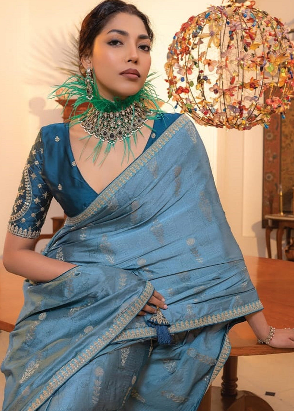 Steel Blue Embroidered Viscose Satin Saree