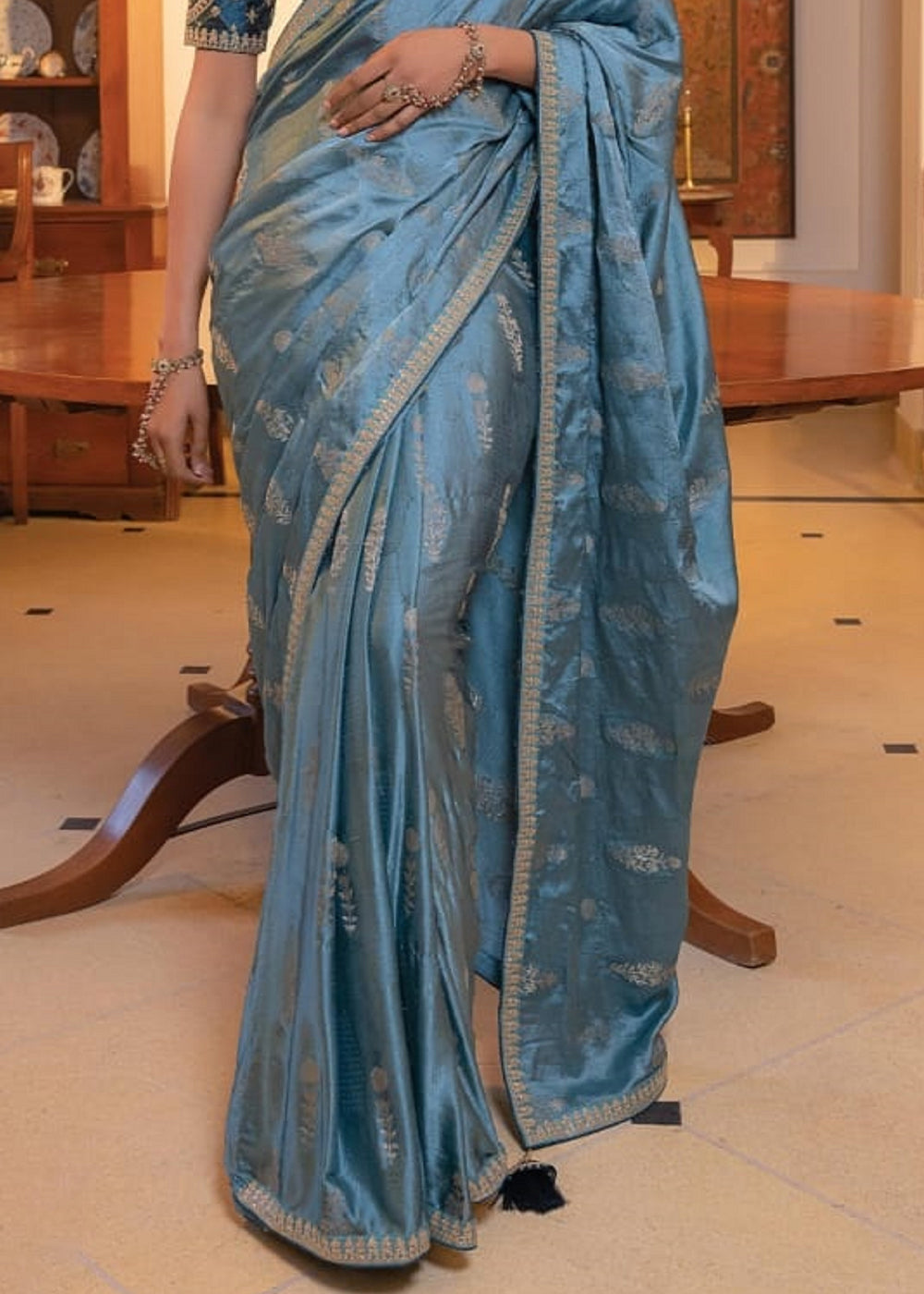 Steel Blue Embroidered Viscose Satin Saree