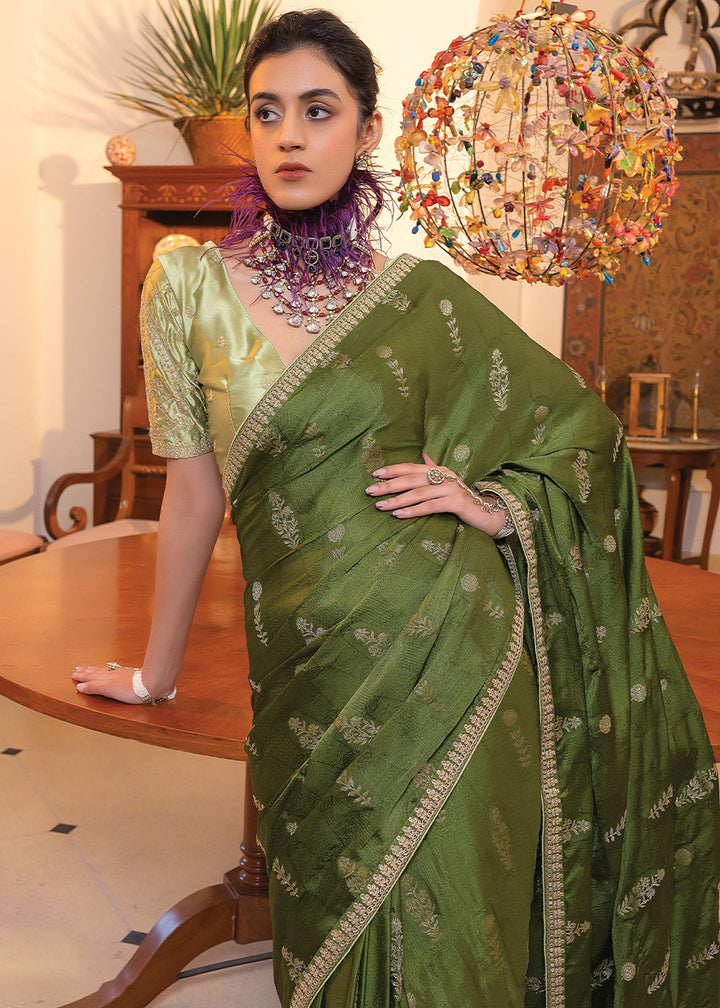 Hunter Green Embroidered Viscose Satin Saree