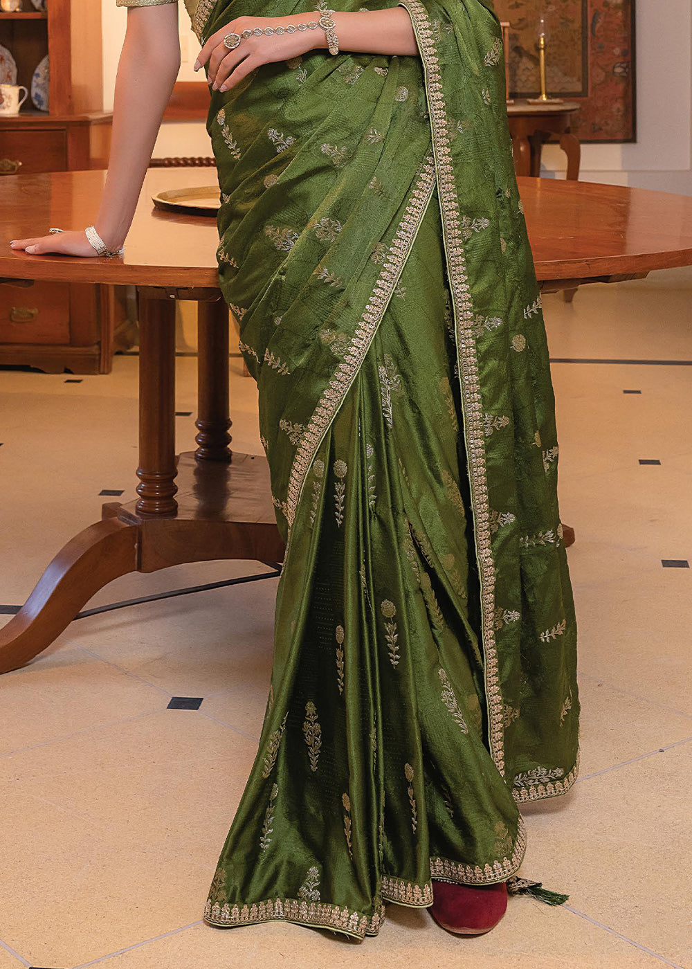 Hunter Green Embroidered Viscose Satin Saree