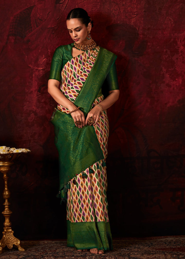 Green & White Patola Printed Silk Saree with Contrast Blouse