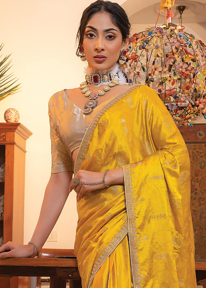 Mustard Yellow Embroidered Viscose Satin Saree