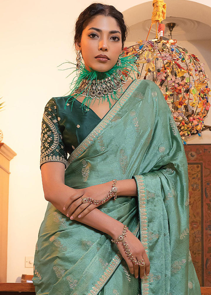 Blueish Green Embroidered Viscose Satin Saree