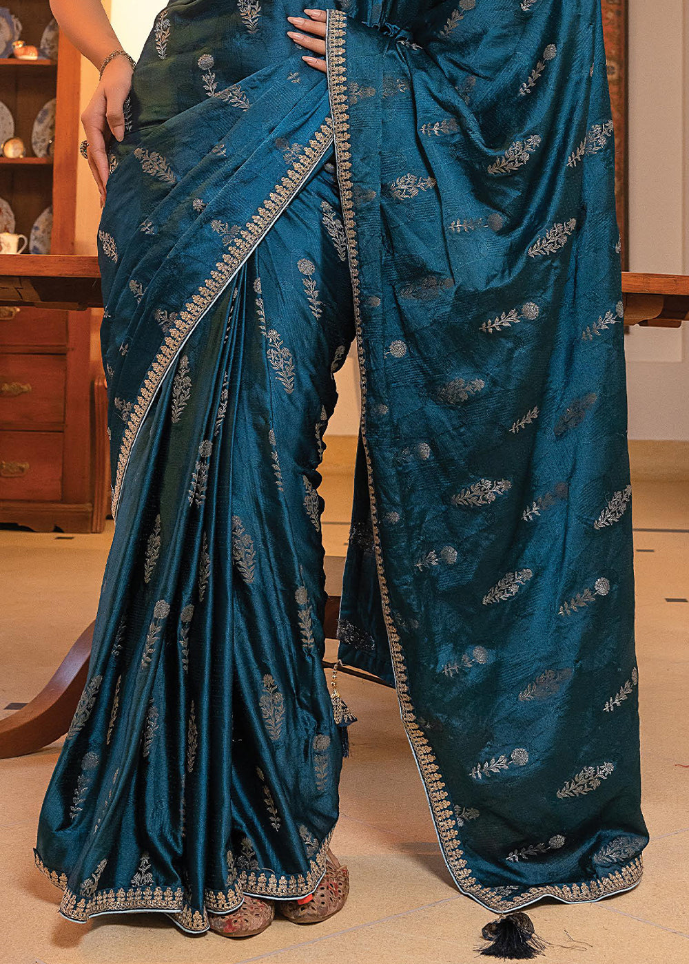 Shades of Blue Embroidered Viscose Satin Saree