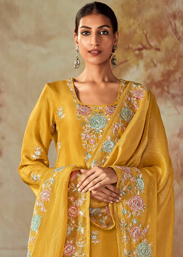 Mustard Yellow Silk Salwar Suit With Floral Embroidery Work