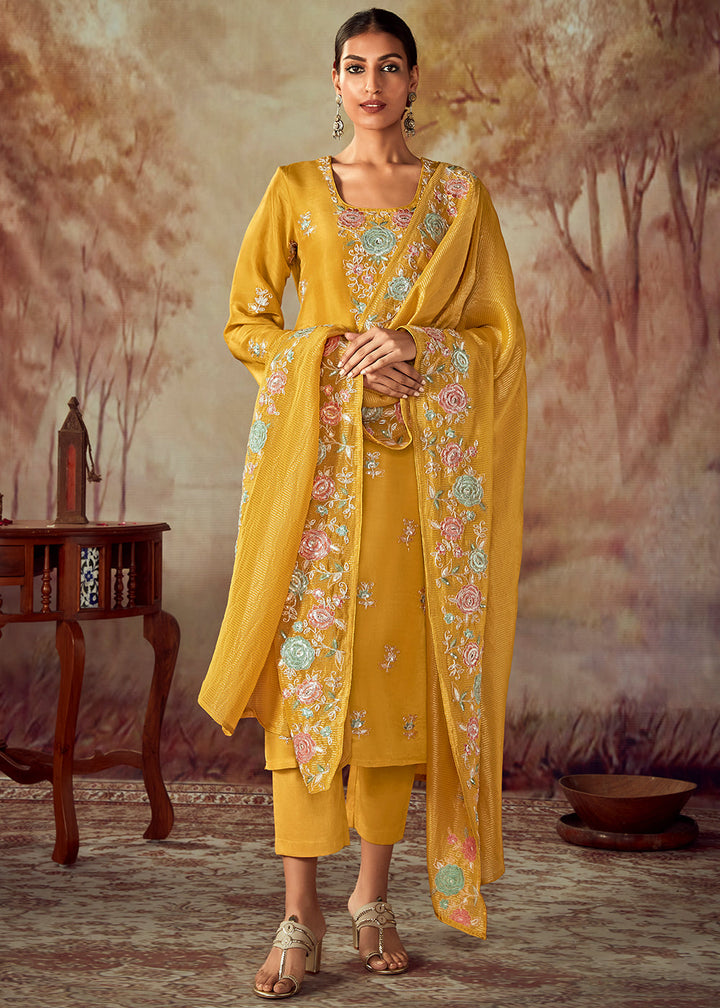 Mustard Yellow Silk Salwar Suit With Floral Embroidery Work