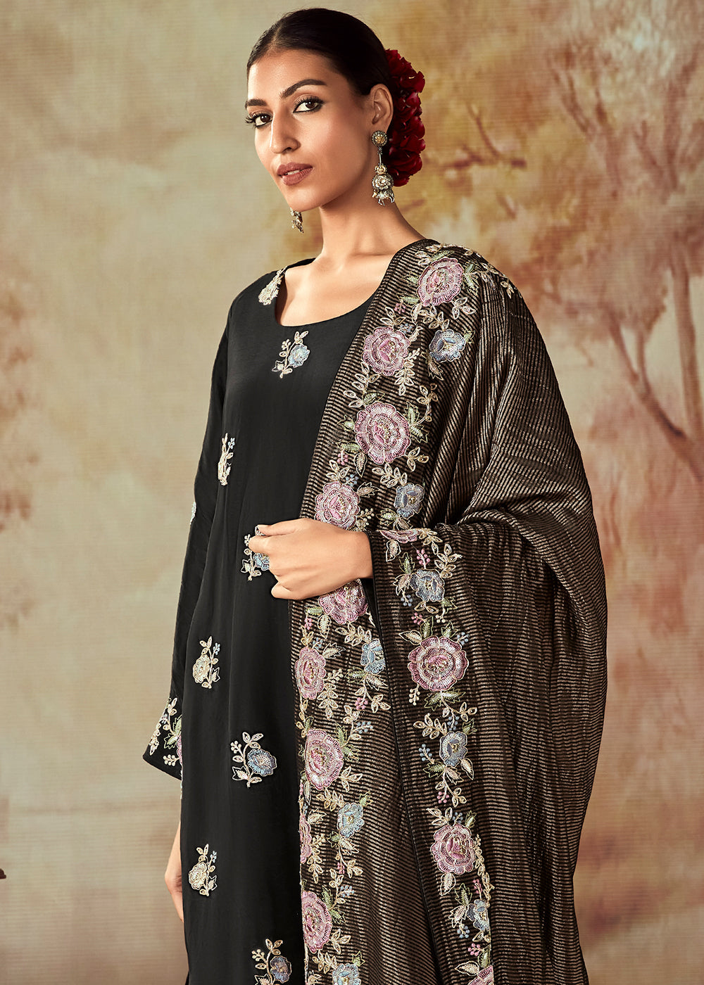 Midnight Black Silk Salwar Suit With Floral Embroidery Work