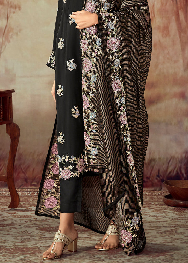 Midnight Black Silk Salwar Suit With Floral Embroidery Work