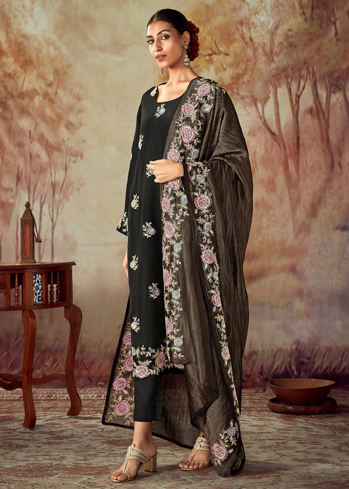 Midnight Black Silk Salwar Suit With Floral Embroidery Work