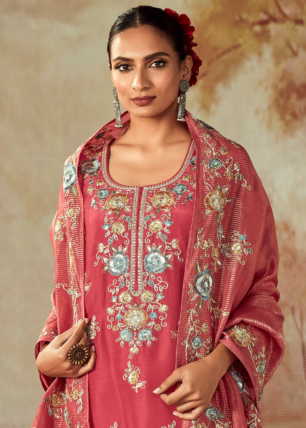 Fiery Rose Pink Silk Salwar Suit With Floral Embroidery Work