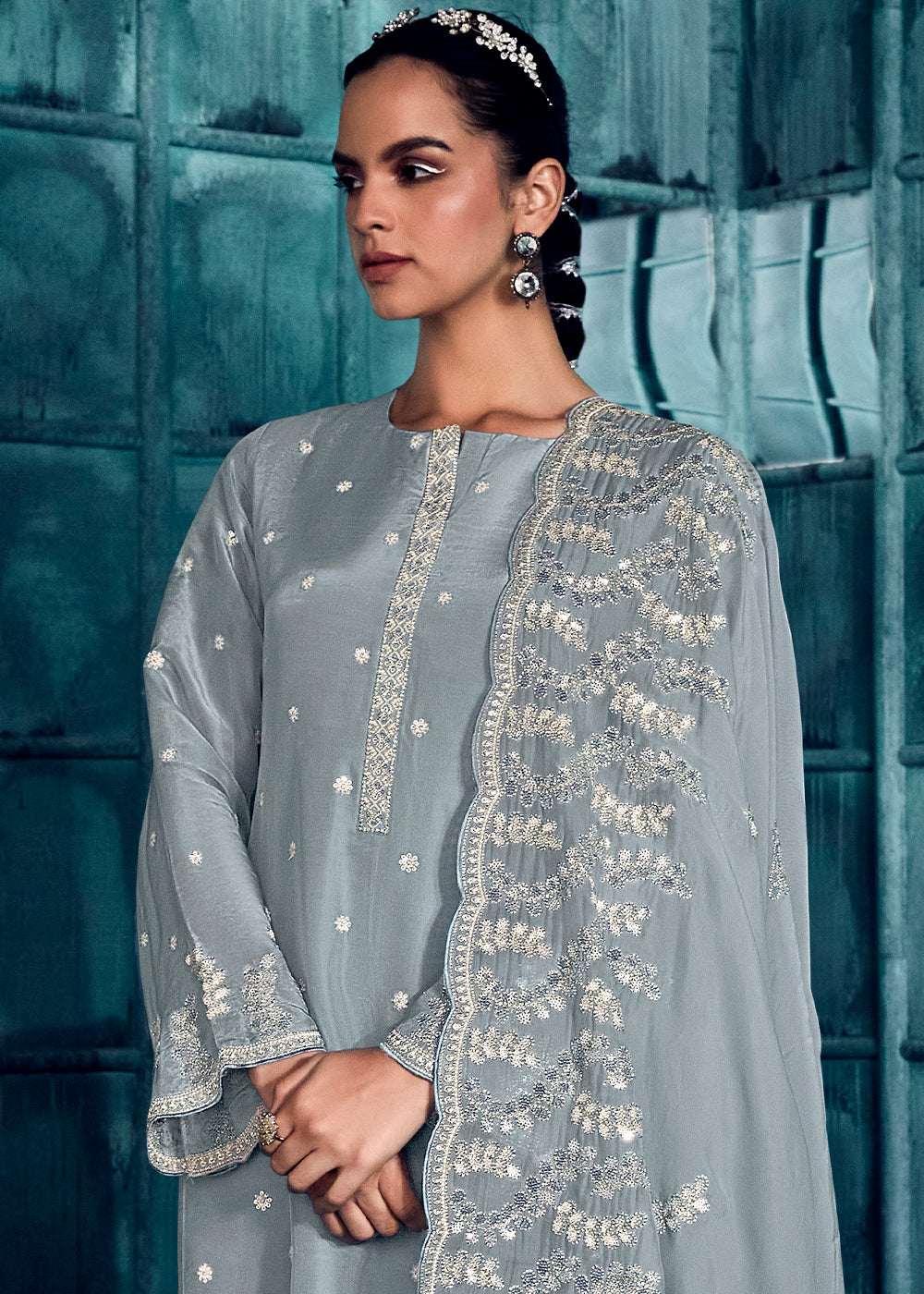 Chateau Grey Silk Salwar Suit with Embroidery work