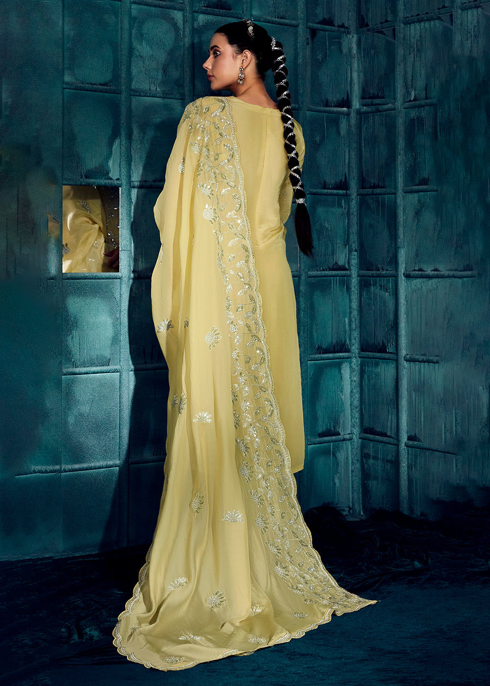 Jonquil Yellow Silk Salwar Suit with Embroidery work