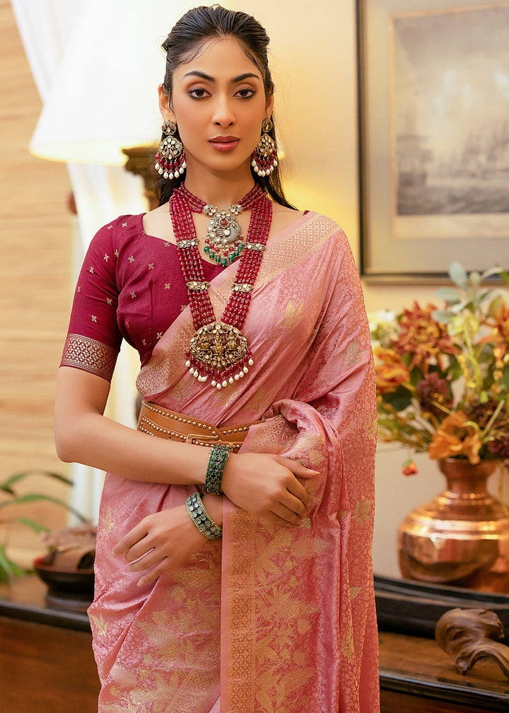 Ballerina Pink Woven Satin Silk Saree