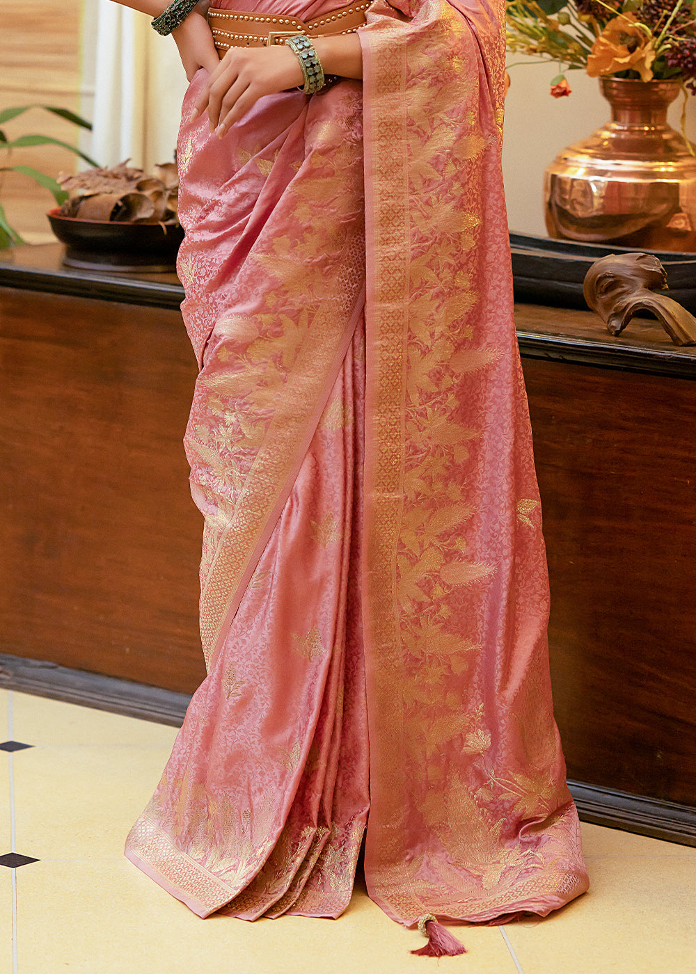 Ballerina Pink Woven Satin Silk Saree