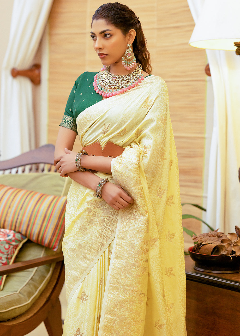 Light Yellow Woven Satin Silk Saree