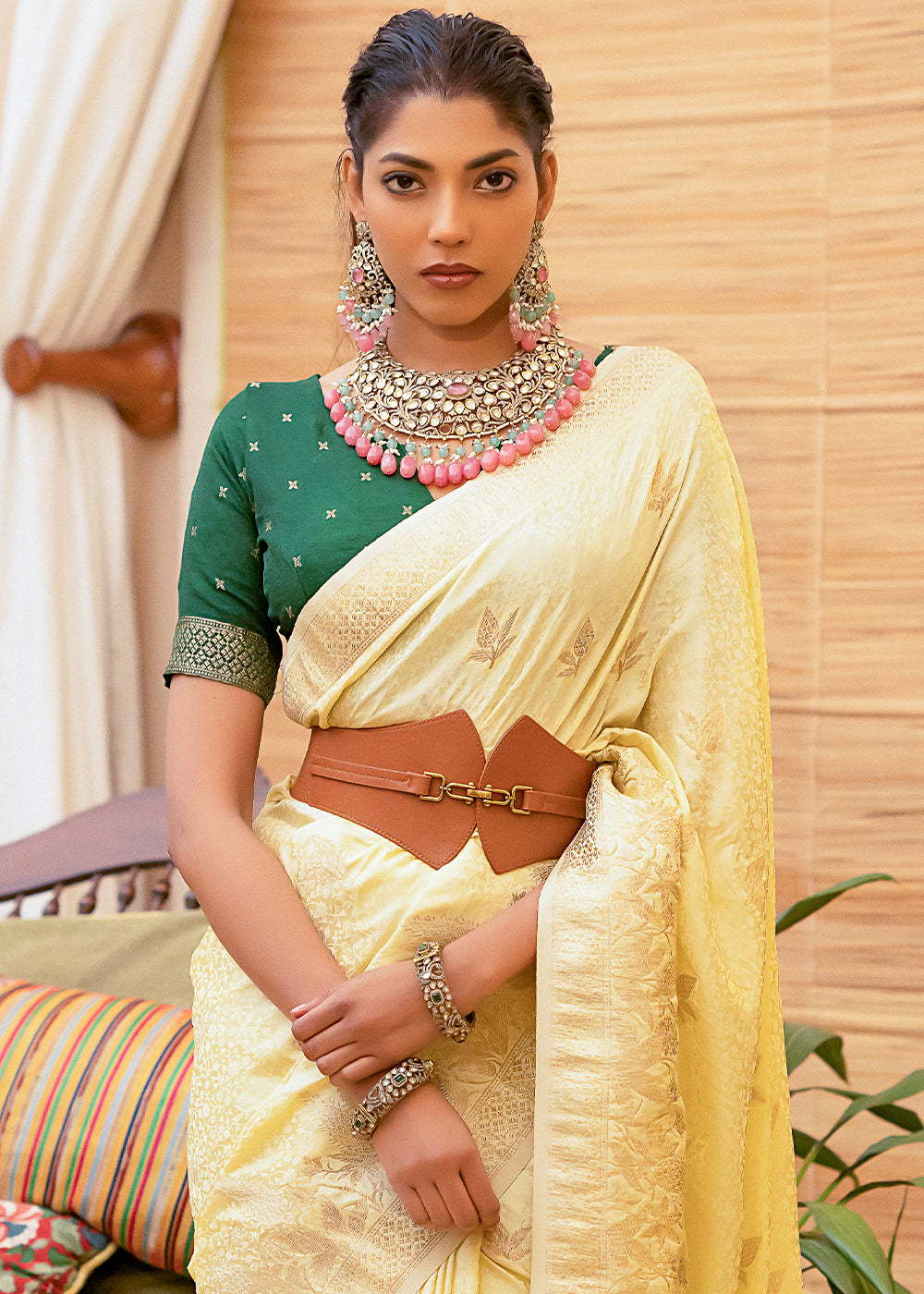 Light Yellow Woven Satin Silk Saree