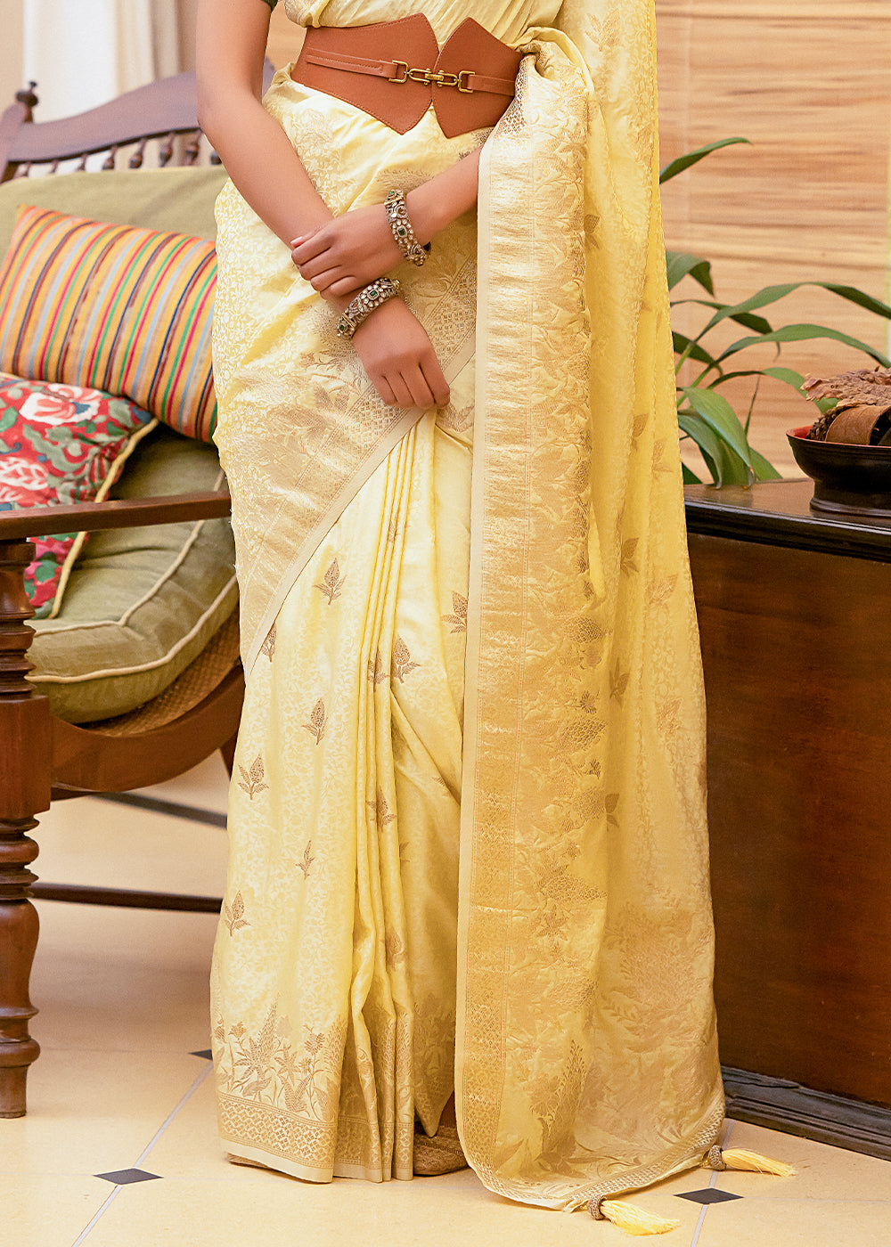 Light Yellow Woven Satin Silk Saree