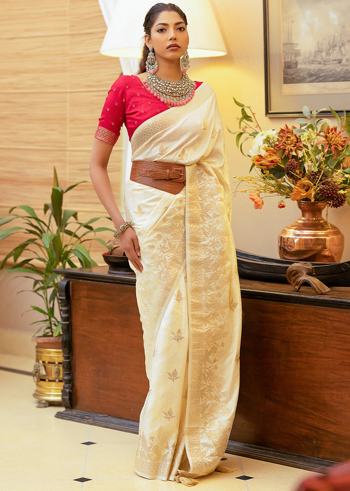 Cream White Woven Satin Silk Saree