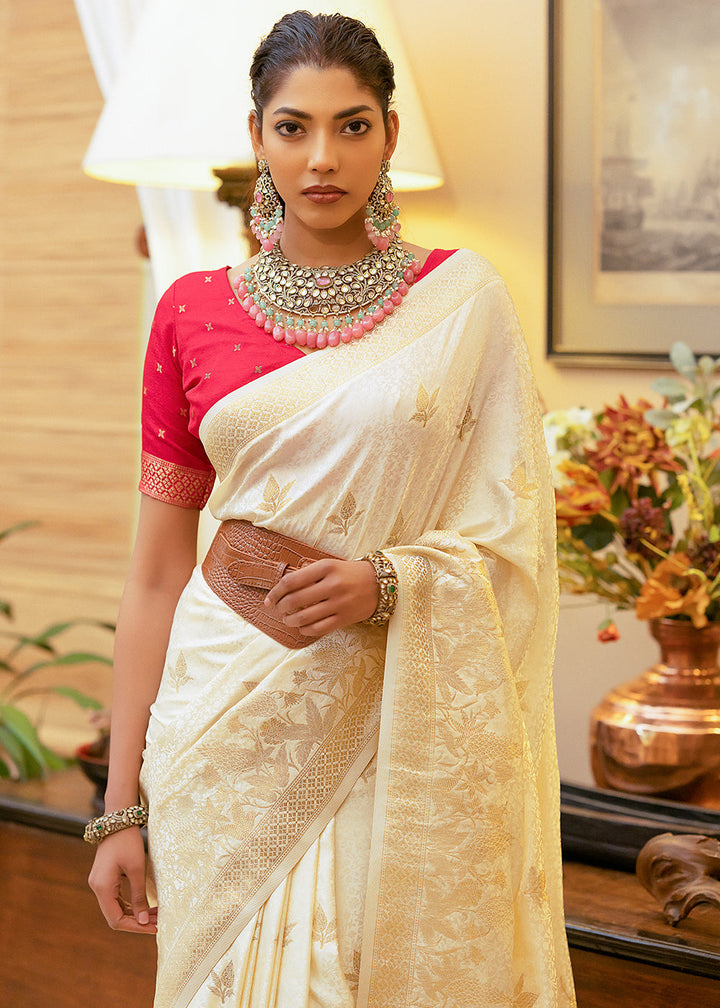 Cream White Woven Satin Silk Saree