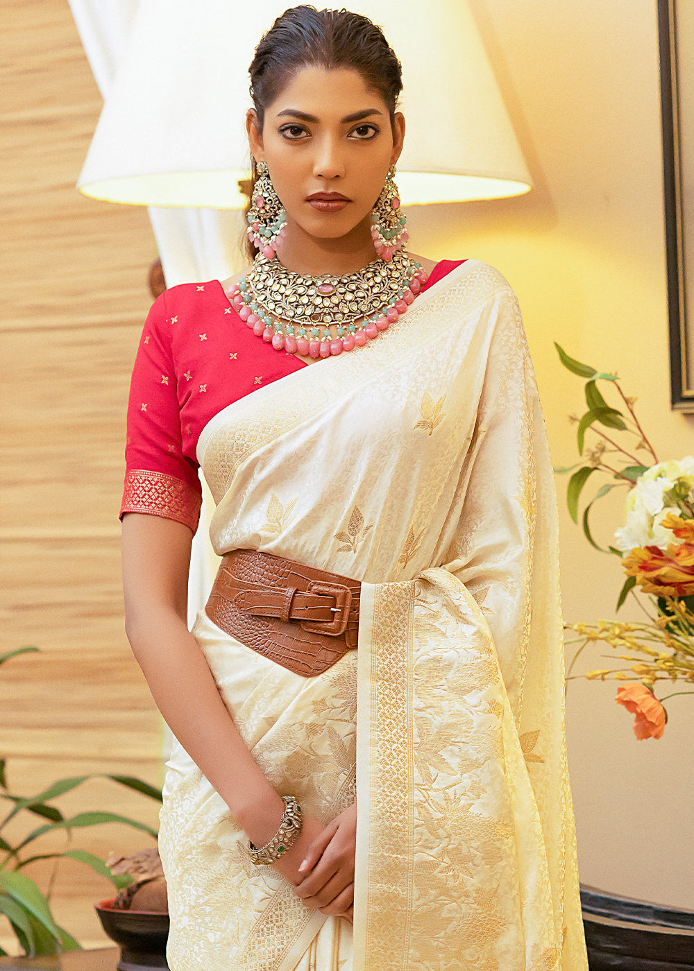 Cream White Woven Satin Silk Saree