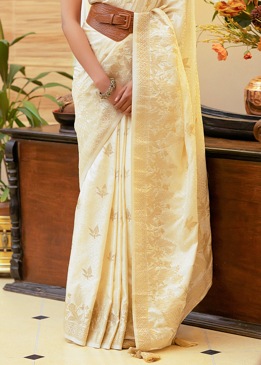 Cream White Woven Satin Silk Saree