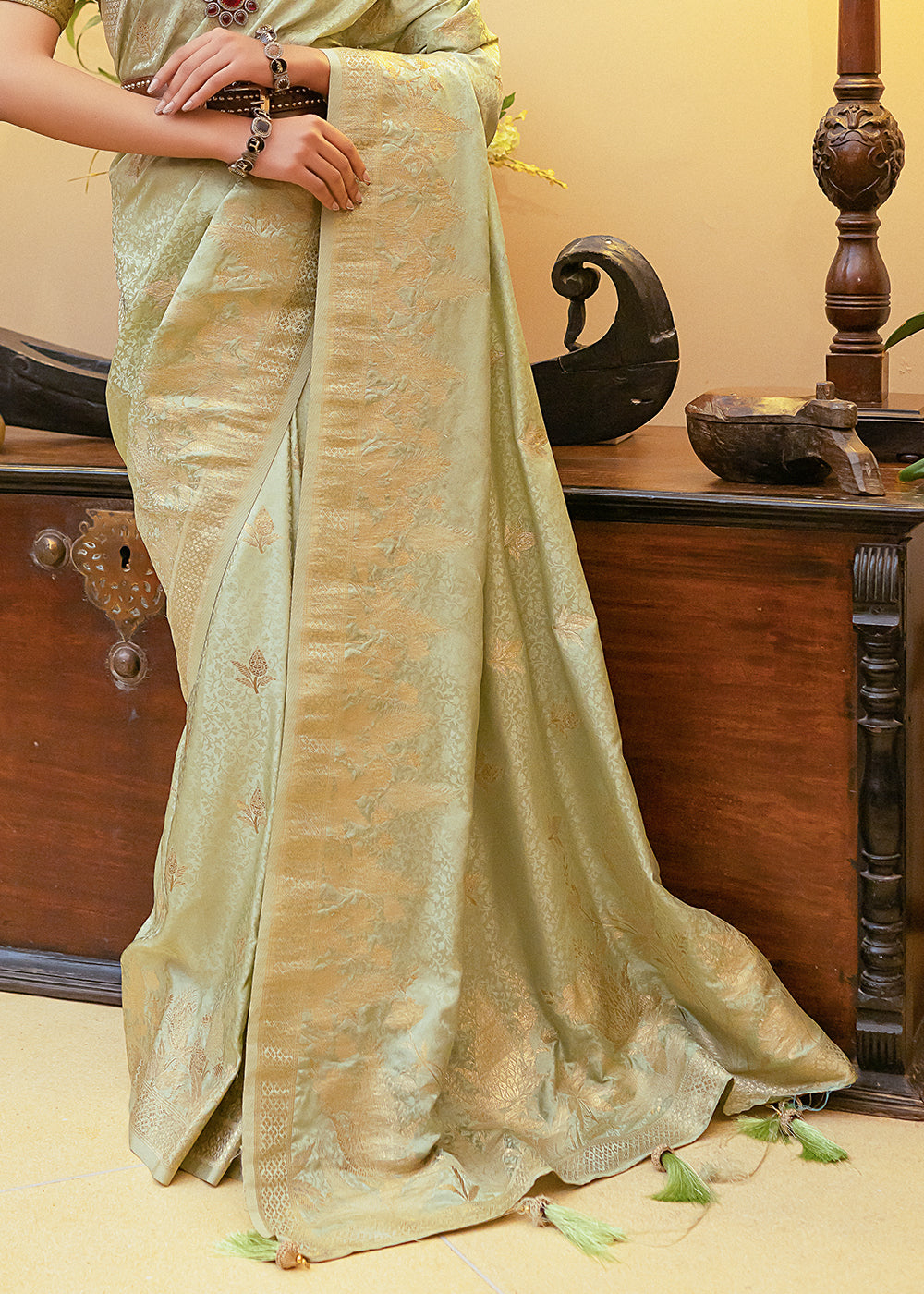 Sage Green Woven Satin Silk Saree