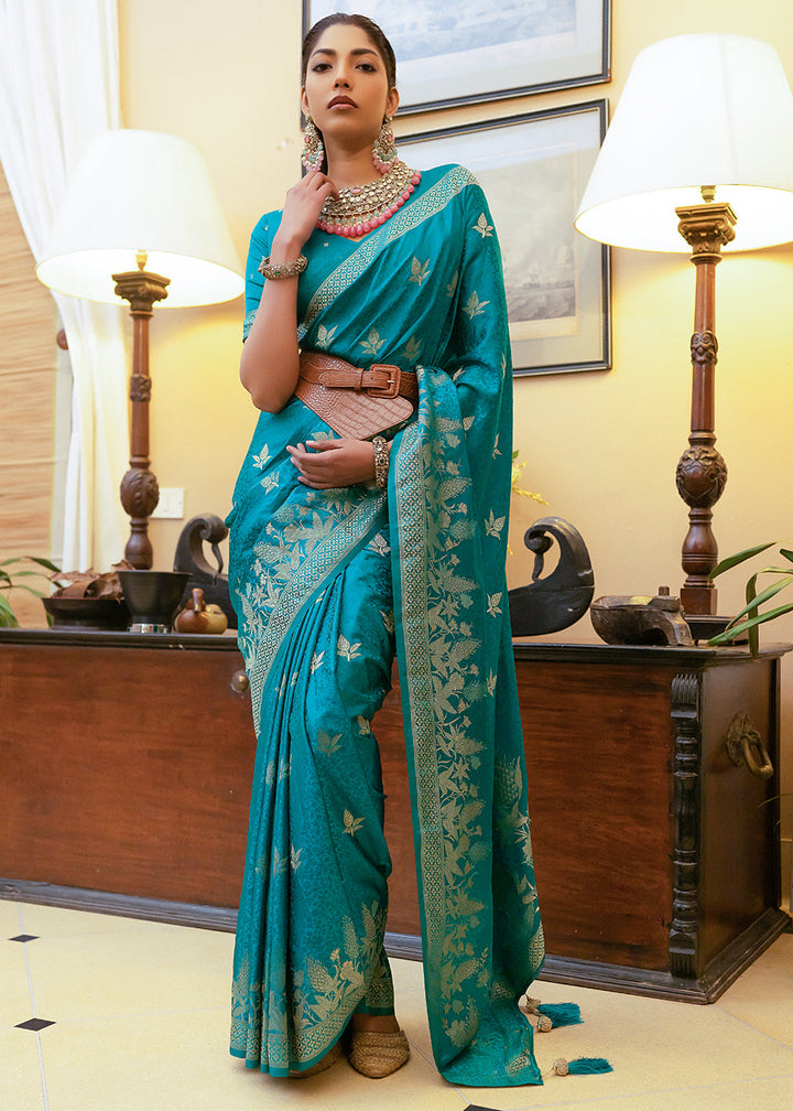 Bondi Blue Woven Satin Silk Saree