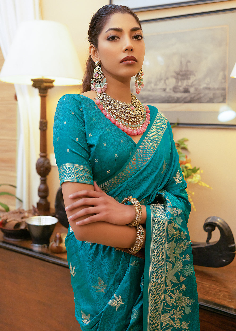 Bondi Blue Woven Satin Silk Saree