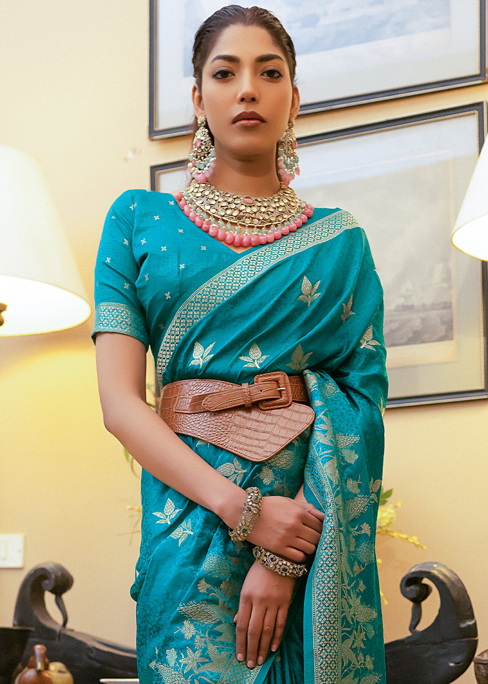 Bondi Blue Woven Satin Silk Saree