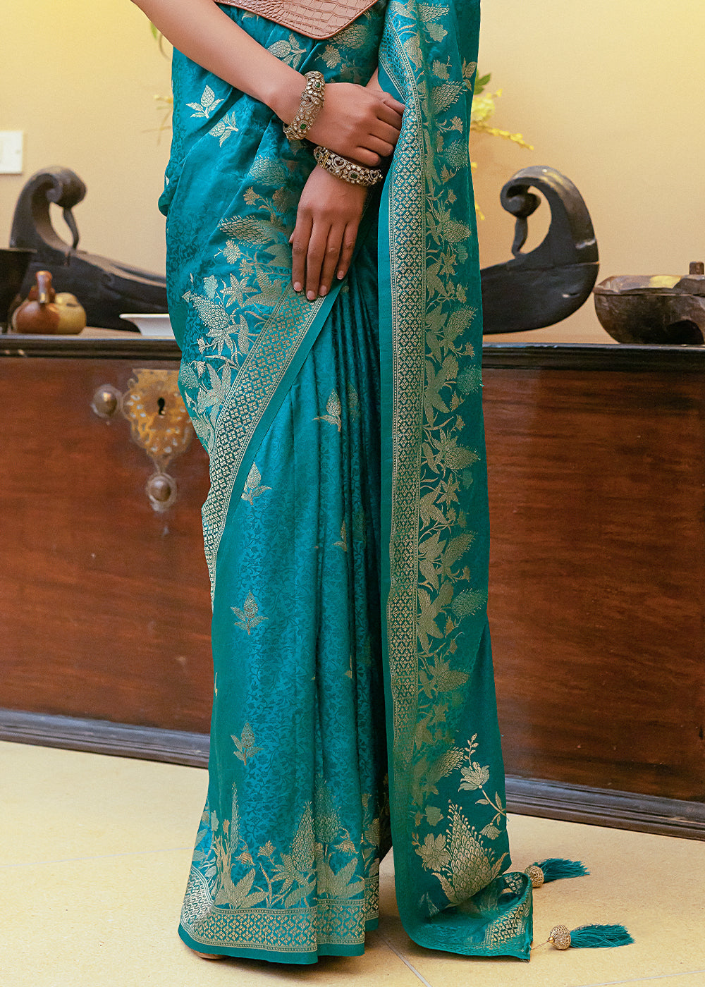 Bondi Blue Woven Satin Silk Saree