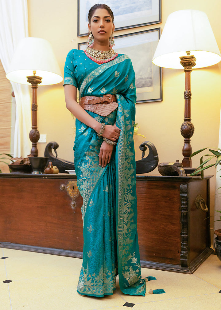 Bondi Blue Woven Satin Silk Saree