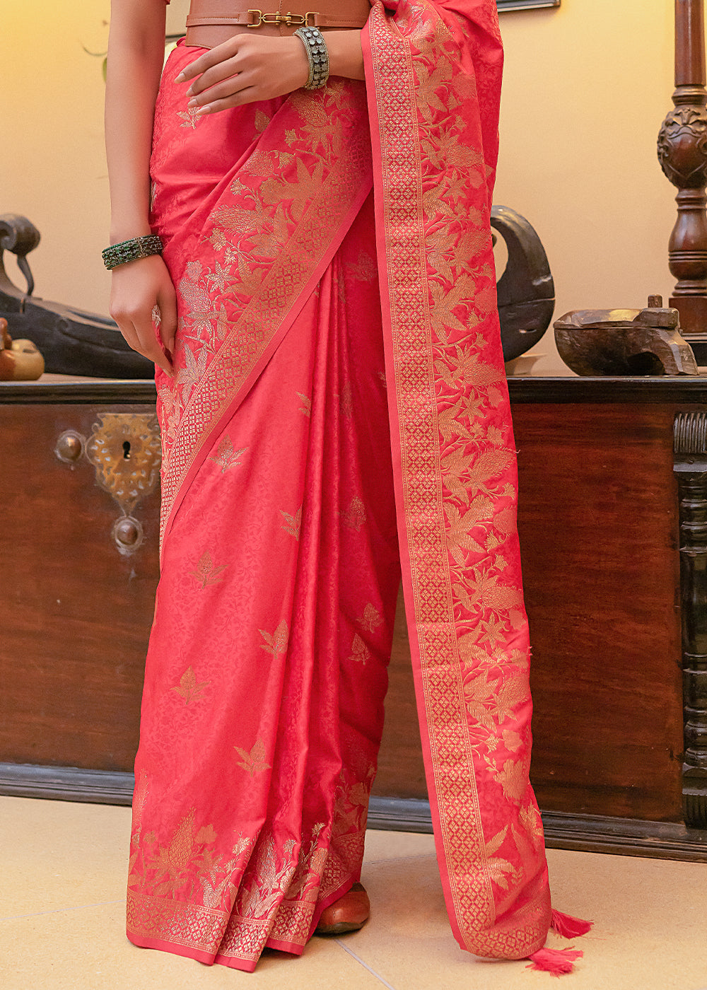 Brick Pink Woven Satin Silk Saree